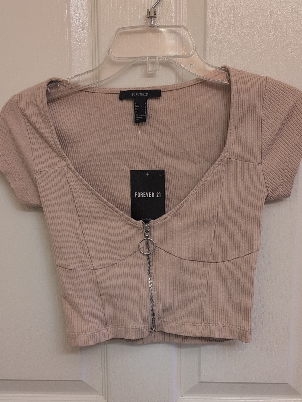 Forever 21 Neutral Taupe Ribbed Zip Crop Top